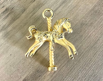 Golden Carousel Brooch / Vintage Goldtone Jewelry Pin Circus Fair Horse Unicorn