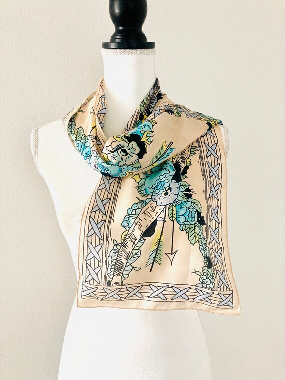 Beautiful Long Silk Scarf / Vintage Beige And Blu… - image 1