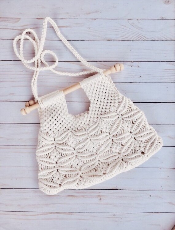 Vintage Macrame Shoulder Bag / 1970's Boho Hippie