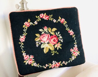 Victorian Rose Decor Pillow / Country Farmhouse Black and Pink Floral Tapestry Needlework Throw Pillow