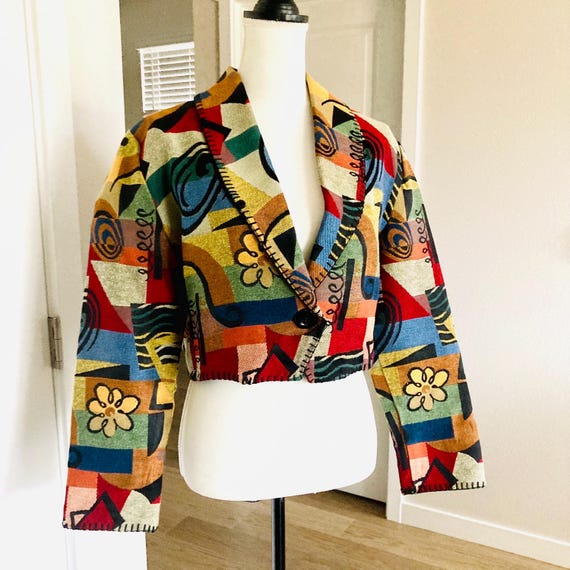 Patchwork Cotton Cropped Blazer Coat / Vintage 19… - image 1