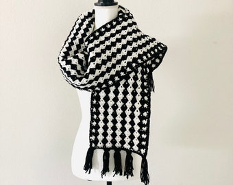 Long Black and White Scarf / Vintage Handmade Retro Crocheted Fringe Scarf