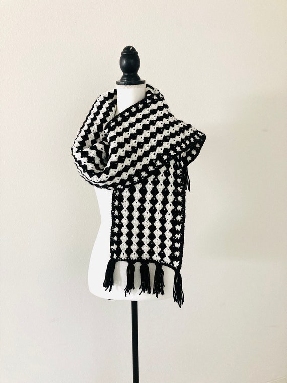 Long Black and White Scarf / Vintage Handmade Retr