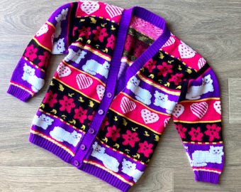 Trui met paarse kattenharten / vintage warme acryltrui damesmaat XS