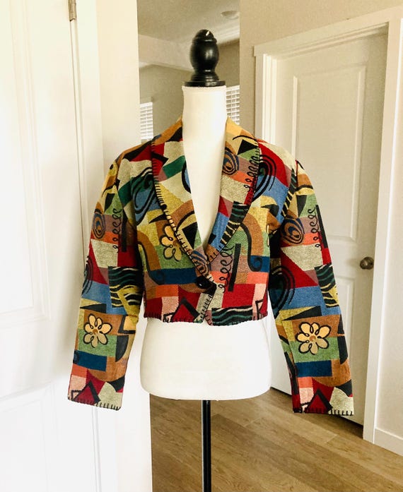 Patchwork Cotton Cropped Blazer Coat / Vintage 19… - image 3