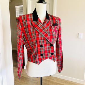 Chaqueta corta de rayón a cuadros de los años 80 / Blazer retro de rayón con estampado tartán rojo vintage para mujer, talla S