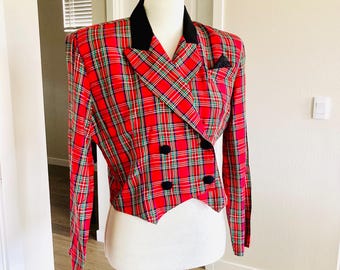 Veste courte en rayonne à carreaux des années 1980 / blazer en rayonne rétro preppy tartan rouge vintage veste de costume femme taille S