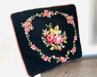 Victorian Rose Decor Pillow / Country Farmhouse Black and Pink Floral Tapestry Needlework Throw Pillow