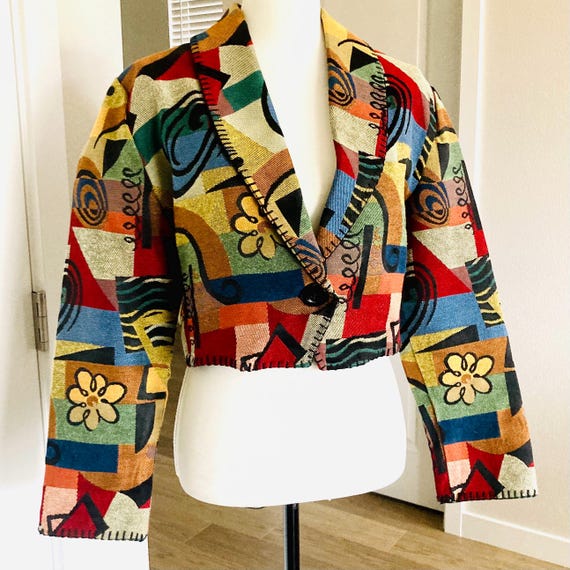 Patchwork Cotton Cropped Blazer Coat / Vintage 19… - image 7