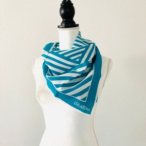 Vintage Teal Blue Striped Geometric Scarf / 1980’s Square Polyester &quot;Pantene&quot; Scarf