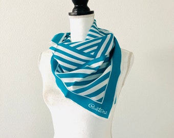 Vintage Teal Blue Striped Geometric Scarf / 1980’s Square Polyester "Pantene" Scarf