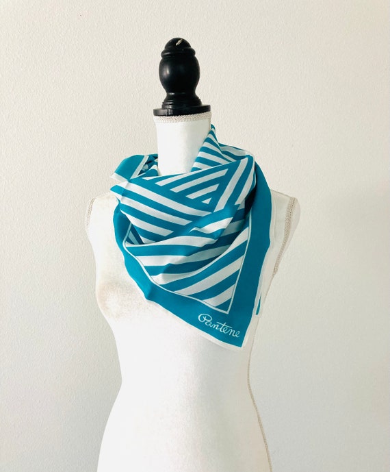 Vintage Teal Blue Striped Geometric Scarf / 1980’s