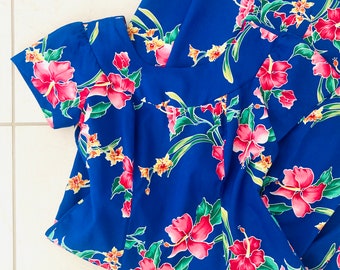 Hilo Hattie’s Floral Hawaiian Dress / Vintage Vacation Tourist Hawaii Blue Summer Sundress Size Medium