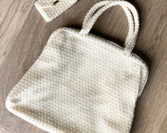 Borsa vintage anni '50 con perline Corde' / Borsa grande con perline color bianco sporco e crema