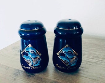 Coastal Salt Pepper Shakers / Vintage Ceramic Navy Blue Ocean Sea OREGON COAST Kitchen Salt Shakers Dolphins