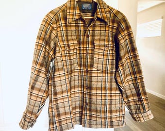 Camisa de lana a cuadros Pendleton para hombre, estilo años 70, estilo vintage, estilo Oxford de invierno con botones en marrón y tostado, talla M, estilo country western de lana gruesa.