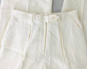 Y2K Ralph Lauren Linen Pants / Vintage Early 2000’s Soft Baggy High Waist Off-White Trousers Wide Leg