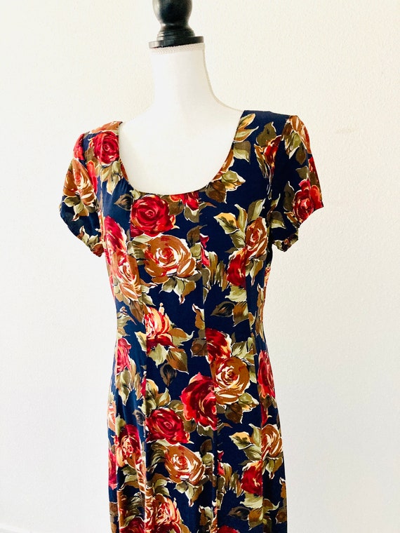 1990’s Rayon Floral Dress / Vintage Blue Flowered… - image 1