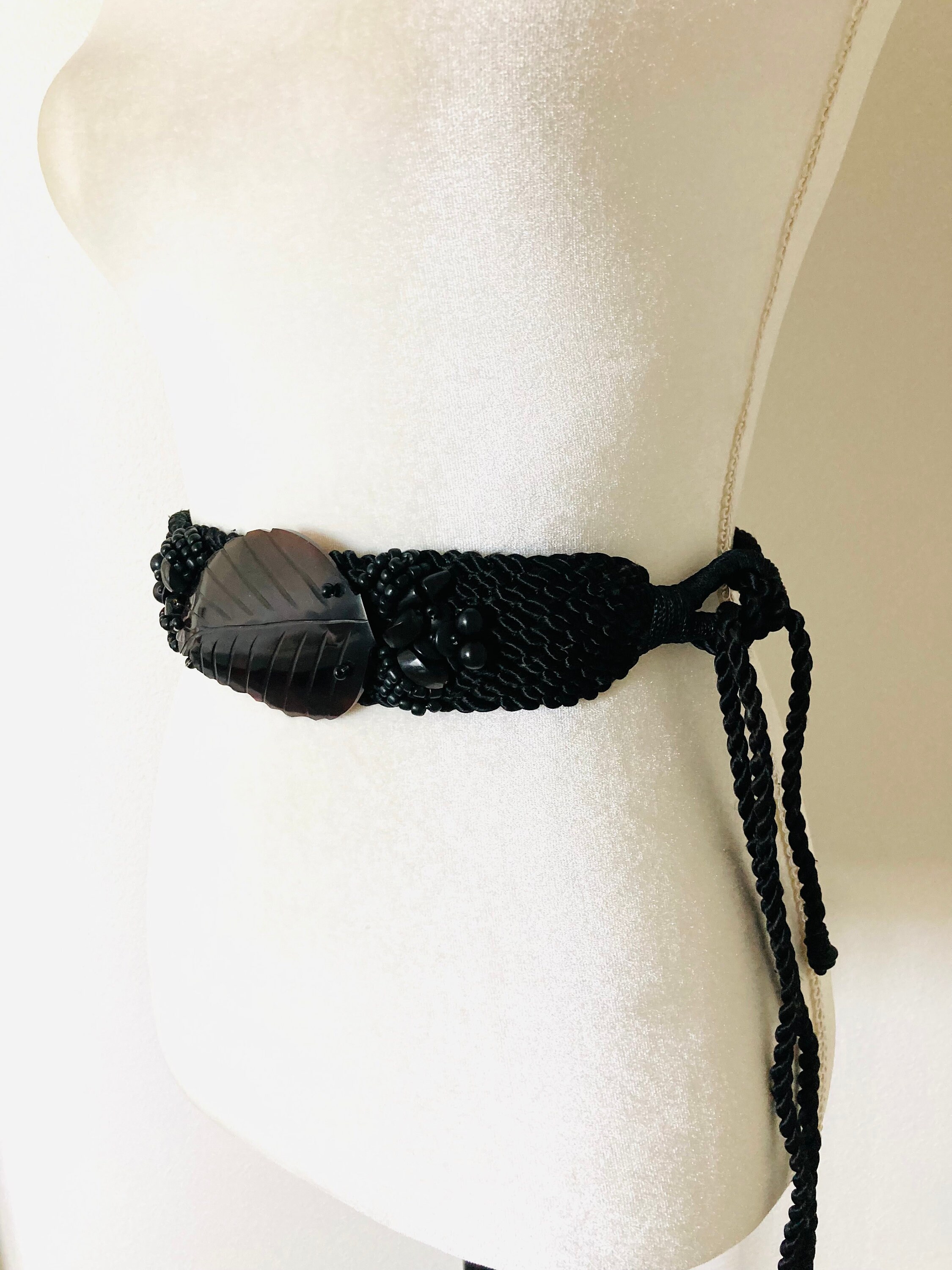 Handmade micro seed bead belt with fringe black, green, white vintage wrap belt 1.25 main image 2