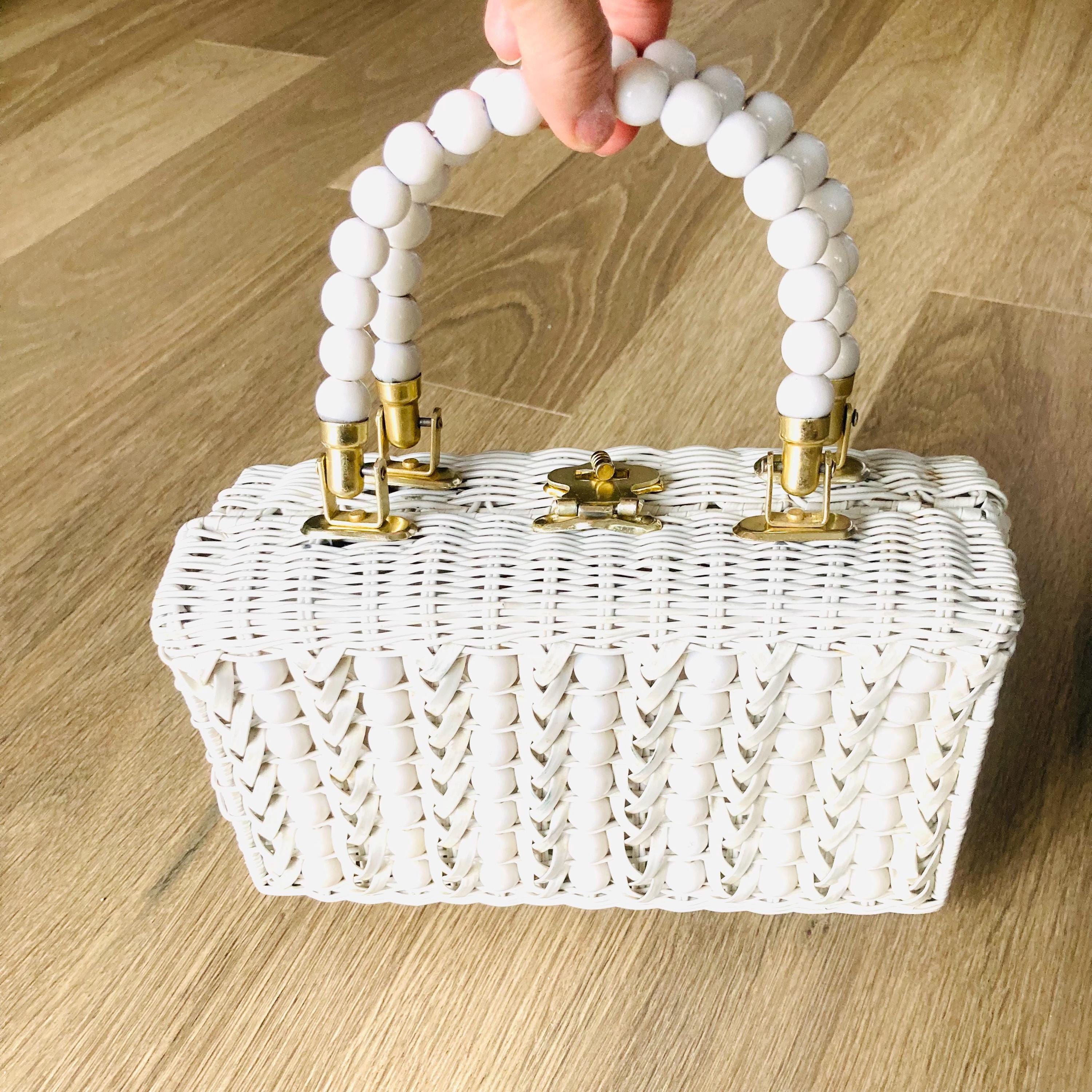 Vintage 1960's White Wicker Purse / 60s 70s Hippie Handbag Straw