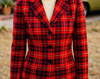 Blazer a cuadros brillantes de los años 70 / Blazer de estilo irlandés vintage vibrante retro con tartán, chaqueta de traje para mujer, talla S-M