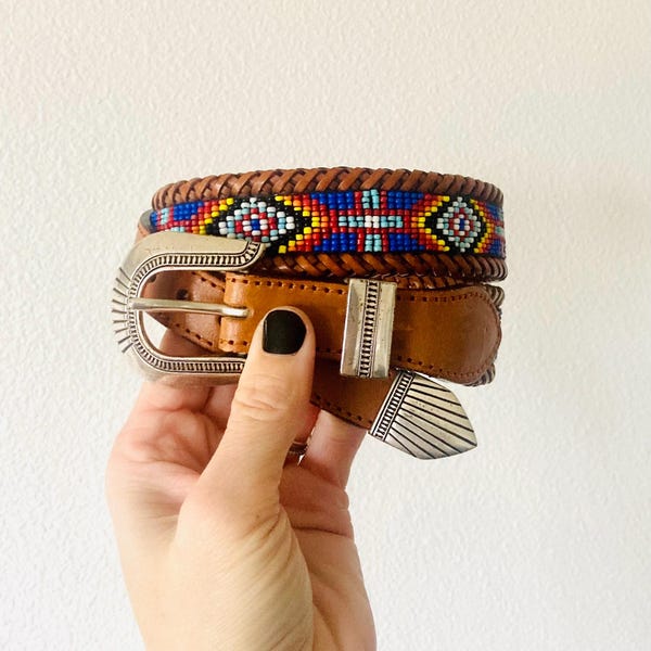RARE Country Western Cowgirl Belt / Brighton Vintage Retro Leather Wrangler Belt Size 28-29 Blue Beaded Belt