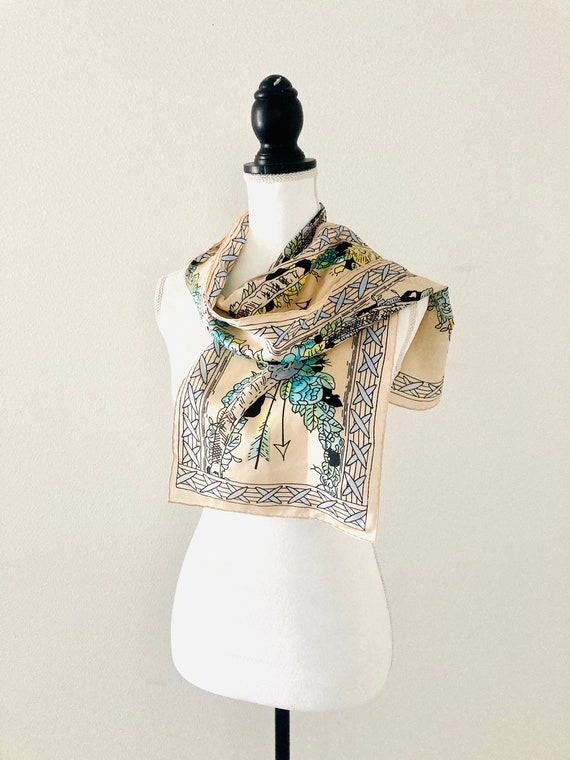 Beautiful Long Silk Scarf / Vintage Beige And Blu… - image 2