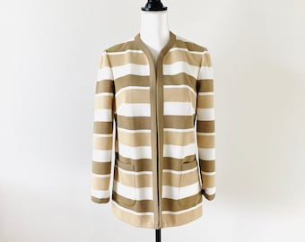 Vintage “Butte Knit” Jacket / Brown Beige and White Striped Polyester Granny Knit Retro Sweater Jacket Size Medium