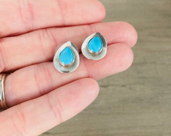 Native American Earring Set / Sterling Silver Turquoise Teardrop Small Style Earrings