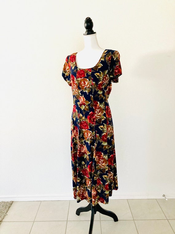 1990’s Rayon Floral Dress / Vintage Blue Flowered… - image 3