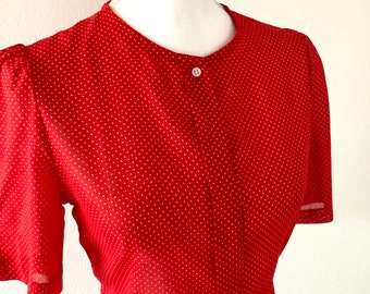 1980’s Sailor Nautical Blouse / Vintage Red and White Polka Dot Retro “Ship and Shore” Womans Shirt Top Size Small