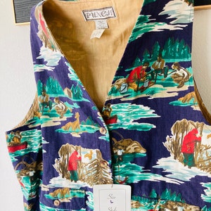 Vintage Cotton Camping Vest / 1980s Hunting Novelty Print Retro Gender-Neutral Deadstock NWT Rustic Made in Nepal image 5