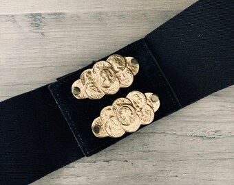 Vintage Gold Roman Coin Stretch Belt 30–36” Disco Glam Black Thick Stretchy Belt / Vintage 1980 main image 4