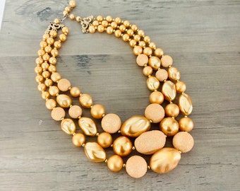 Champagne Beaded Necklace / Vintage 1960’s Layered Chunky Retro 3-Strand Necklace Jewelry