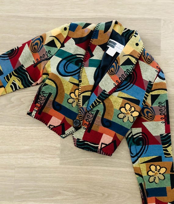 Patchwork Cotton Cropped Blazer Coat / Vintage 19… - image 2
