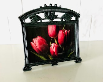 Marco de fotos vintage con flores de tulipán / Marco pequeño de metal plateado oscuro, decoración floral
