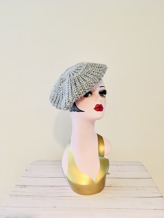 Vintage Light Grey Knit Beret Hat / 1990's Wool B… - image 2