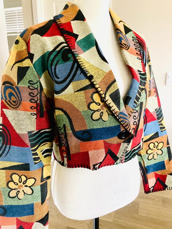 Patchwork Cotton Cropped Blazer Coat / Vintage 19… - image 9