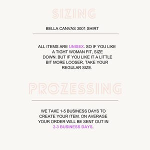 K&ouml;nnte beinhalten: Grafik mit Text zu Gr&ouml;&szlig;en und Bearbeitungszeiten f&uuml;r Bella Canvas 3001 Shirts. Der Text besagt, dass die Artikel unisex sind und gibt Gr&ouml;&szlig;enhinweise. Er erw&auml;hnt auch eine Bearbeitungszeit von 1-5 Werktagen.