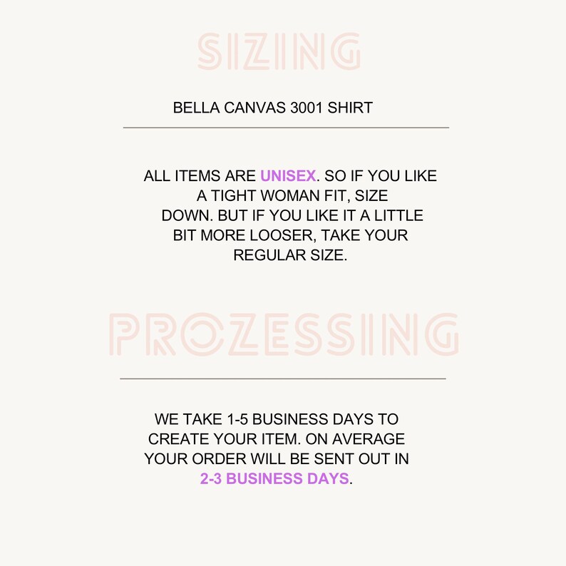 K&ouml;nnte beinhalten: Grafik mit Text zu Gr&ouml;&szlig;en und Bearbeitungszeiten f&uuml;r Bella Canvas 3001 Shirts. Der Text besagt, dass die Artikel unisex sind und gibt Gr&ouml;&szlig;enhinweise. Er erw&auml;hnt auch eine Bearbeitungszeit von 1-5 Werktagen.