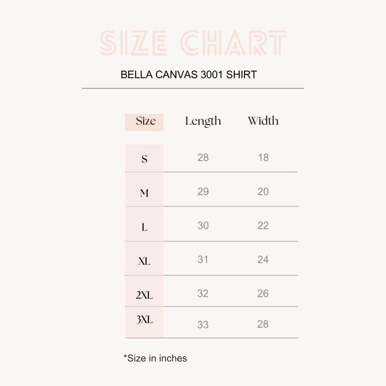 K&ouml;nnte beinhalten: Eine Gr&ouml;&szlig;entabelle f&uuml;r ein Bella Canvas 3001 Shirt. Die Tabelle zeigt die Gr&ouml;&szlig;en S bis 3XL mit den entsprechenden L&auml;ngen- und Breitenma&szlig;en in Zoll. Der Text "SIZE CHART" steht oben und "*Size in inches" unten.