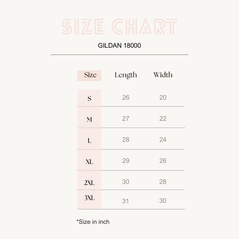 Op de afbeelding: Een maattabel voor Gildan 18000 met de afmetingen van het kledingstuk in inches. De tabel toont de maten S tot en met 3XL met de bijbehorende lengte- en breedtewaarden. De koptekst luidt SIZE CHART en een voetnoot geeft aan dat de maten in inches zijn.