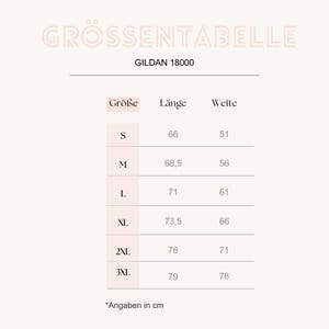 Op de afbeelding: Een maattabel voor het Gildan 18000 kledingstuk, getiteld GR&Ouml;SSENTABELLE. De tabel toont de maten S tot en met 3XL met bijbehorende lengte- en breedtematen in centimeters, vari&euml;rend van 66 tot 79 cm in lengte en 51 tot 76 cm in breedte.
