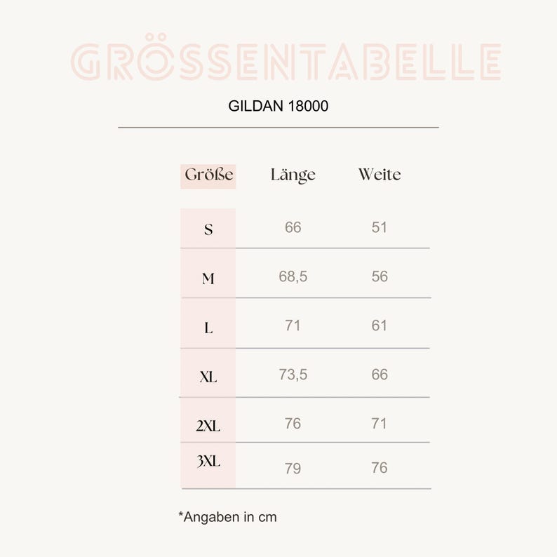 Op de afbeelding: Een maattabel voor het Gildan 18000 kledingstuk, getiteld GR&Ouml;SSENTABELLE. De tabel toont de maten S tot en met 3XL met bijbehorende lengte- en breedtematen in centimeters, vari&euml;rend van 66 tot 79 cm in lengte en 51 tot 76 cm in breedte.