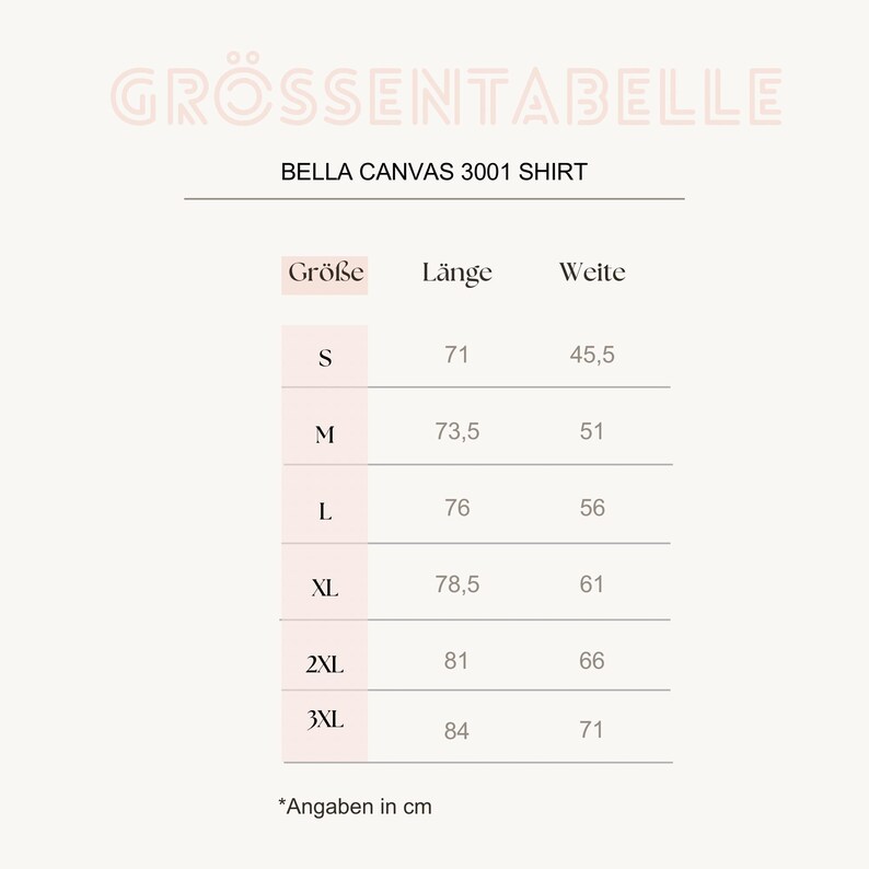 K&ouml;nnte beinhalten: Gr&ouml;&szlig;entabelle f&uuml;r ein Bella Canvas 3001 Shirt, mit Ma&szlig;en in Zentimetern. Die Gr&ouml;&szlig;en reichen von S bis 3XL, mit entsprechenden L&auml;ngen und Weiten. Die Tabelle befindet sich auf einem hellbeigen Hintergrund.