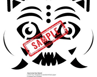 May include: A black and white stencil design for pumpkin carving, featuring a stylized face with sharp teeth and the text "K-POP DEMON HUNTERS." The word "SAMPLE" is stamped across the design in red. Instructions for use are included.