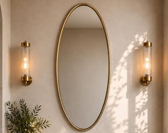 Tall Oval Mirror, Brass Frame Handmade Wall Mirror, Elongated Egg Shape, Vertical Vanity Mirror, Minimalist Bathroom Decor