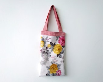 Handmade Mini Tote Handbag Rose Floral and Gingham Cotton Gift for her