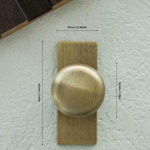 May include: A brass cabinet knob with a rectangular backplate and a rounded knob. The knob measures 3.2 cm in height and 6.2 cm in length. The backplate is 2.5 cm wide. The hardware is mounted on a textured, off-white surface.