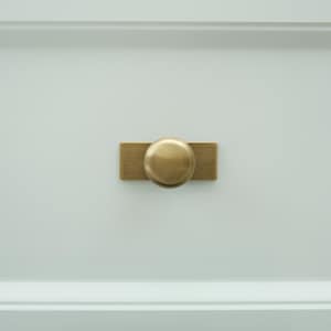 May include: A close-up of a white cabinet door with a brass knob and rectangular backplate. The knob is round and the backplate is rectangular. The hardware is centered on the door.